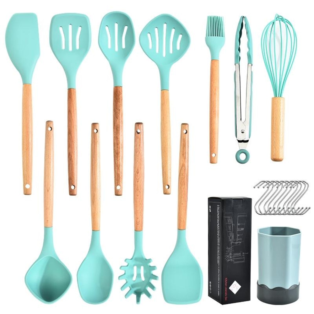 Beech Wood Silicone Kitchen Utensil Set with Storage Bucket, Heat Resistant Cooking Tools Set