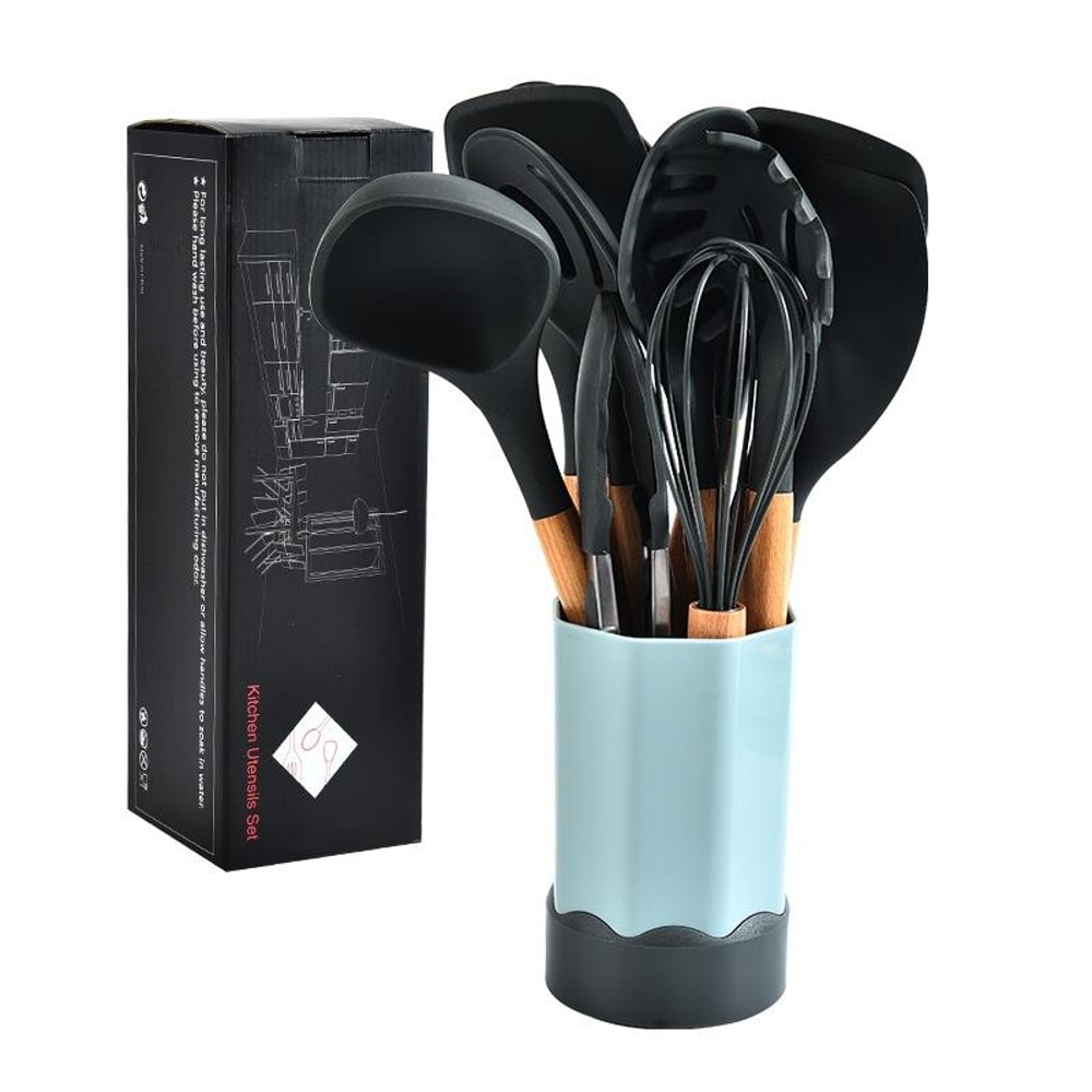 Beech Wood Silicone Kitchen Utensil Set with Storage Bucket, Heat Resistant Cooking Tools Set