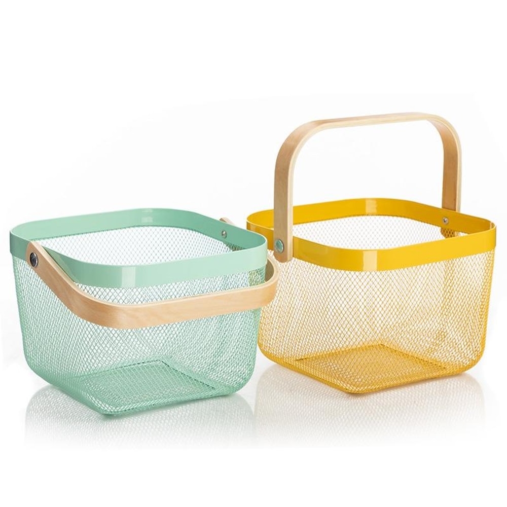 Square Wooden Handle Mesh Storage Basket for Fruit Kitchen Organizer Decorative White