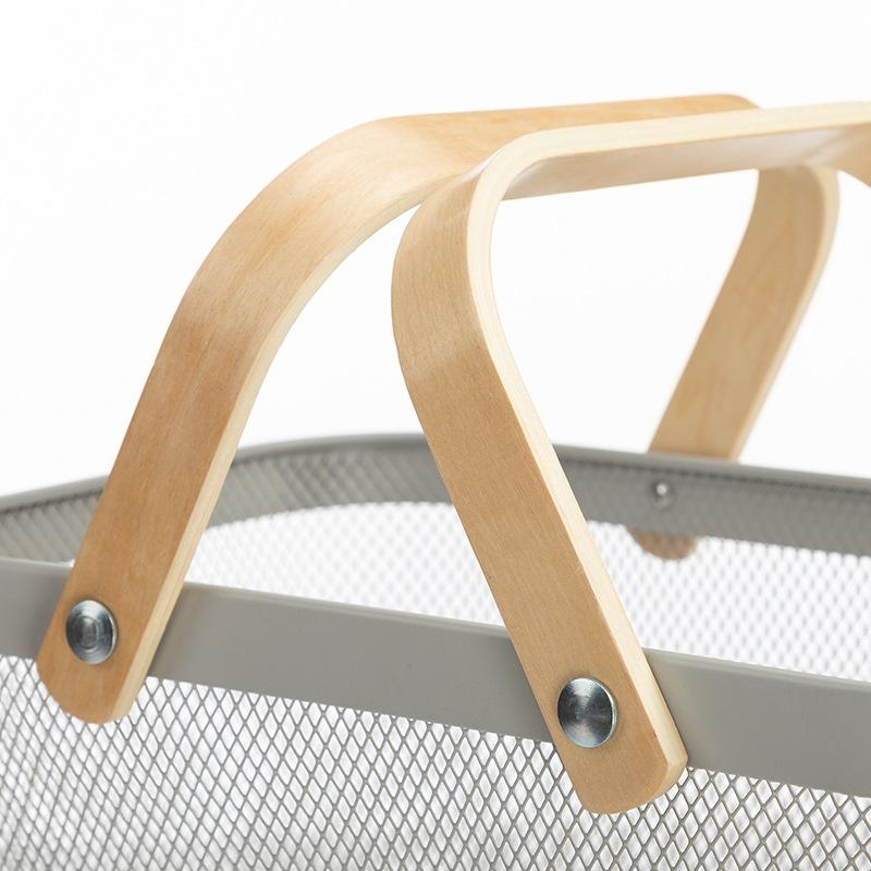 Square Wooden Handle Mesh Storage Basket for Fruit Kitchen Organizer Decorative White