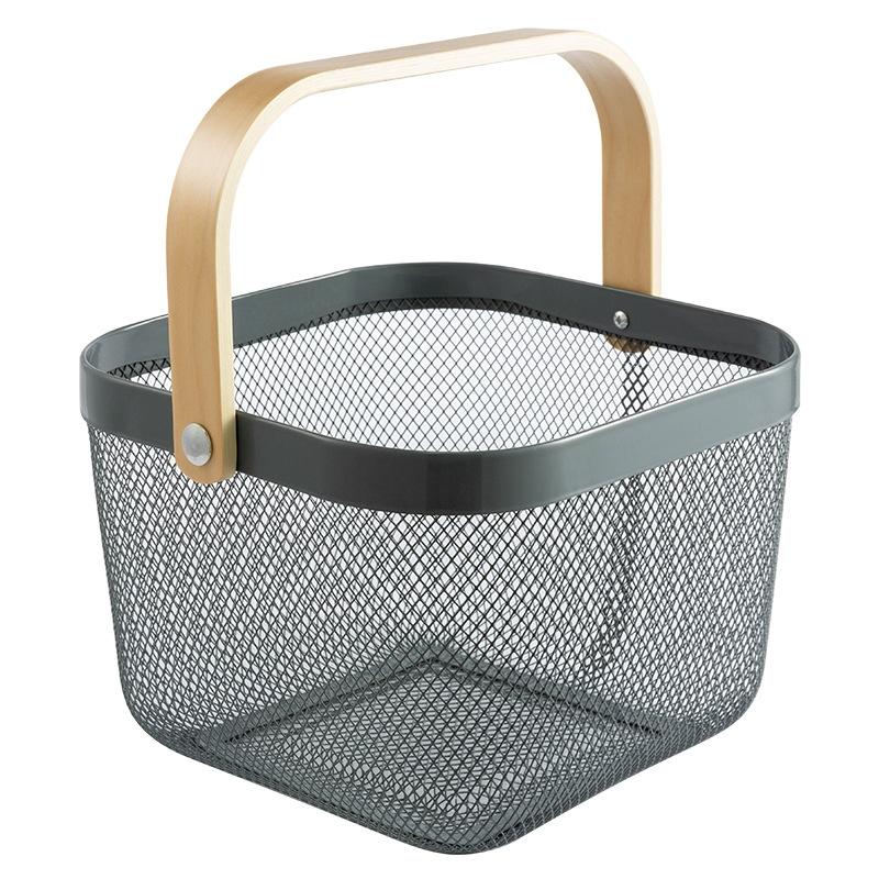 Square Wooden Handle Mesh Storage Basket for Fruit Kitchen Organizer Decorative White