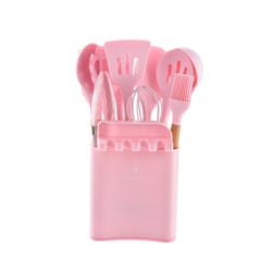silicone kitchenware set with wooden handle utensils, non stick cooking utensil set with storage barrel