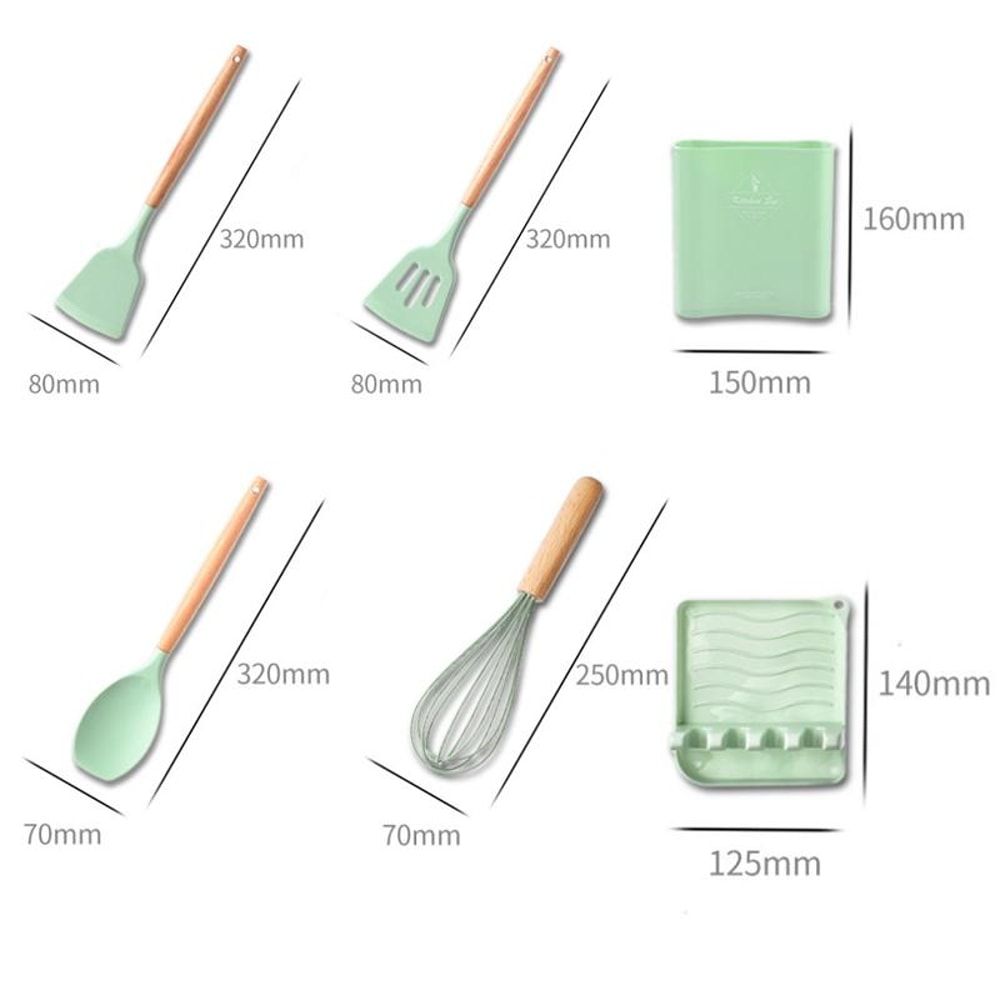 Silicone Kitchenware Set with Wooden Handle Utensils, Non Stick Cooking Utensil Set with Storage Barrel