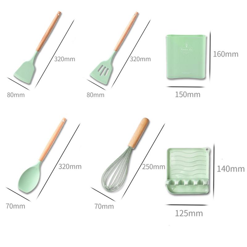 Silicone Kitchenware Set with Wooden Handle Utensils, Non Stick Cooking Utensil Set with Storage Barrel