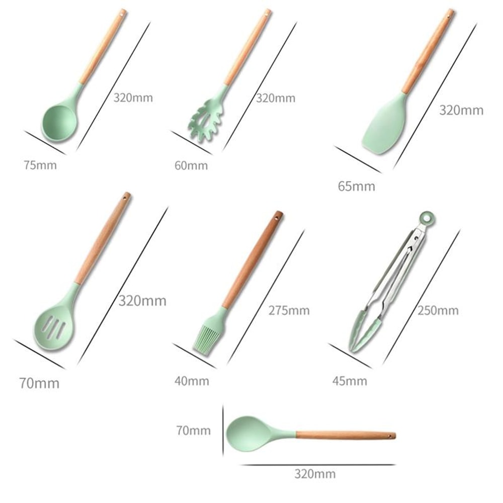 Silicone Kitchenware Set with Wooden Handle Utensils, Non Stick Cooking Utensil Set with Storage Barrel