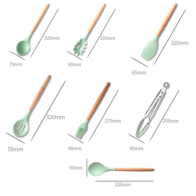 Silicone Kitchenware Set with Wooden Handle Utensils, Non Stick Cooking Utensil Set with Storage Barrel