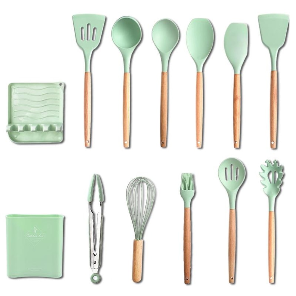 Silicone Kitchenware Set with Wooden Handle Utensils, Non Stick Cooking Utensil Set with Storage Barrel