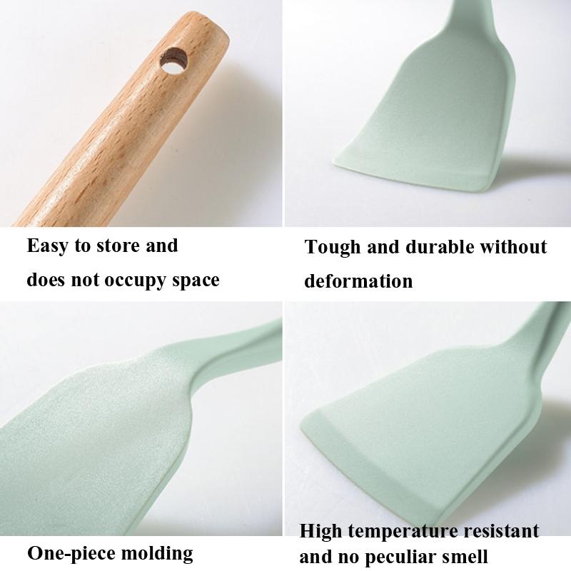 Silicone Kitchenware Set with Wooden Handle Utensils, Non Stick Cooking Utensil Set with Storage Barrel