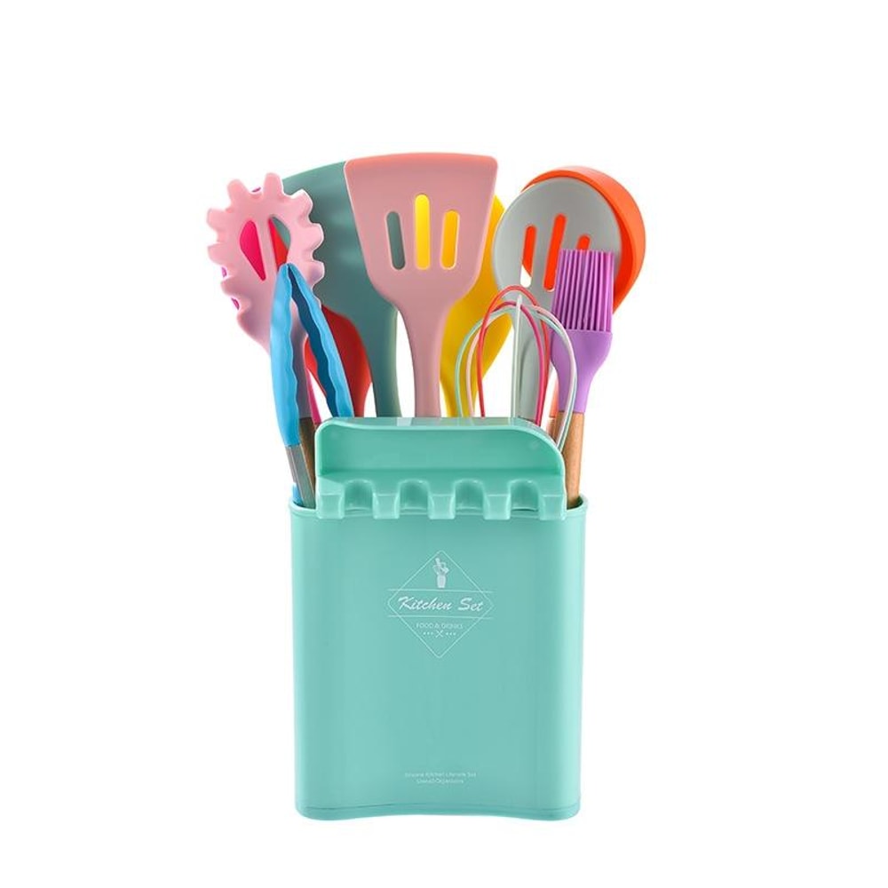 Silicone Kitchenware Set with Wooden Handle Utensils, Non Stick Cooking Utensil Set with Storage Barrel