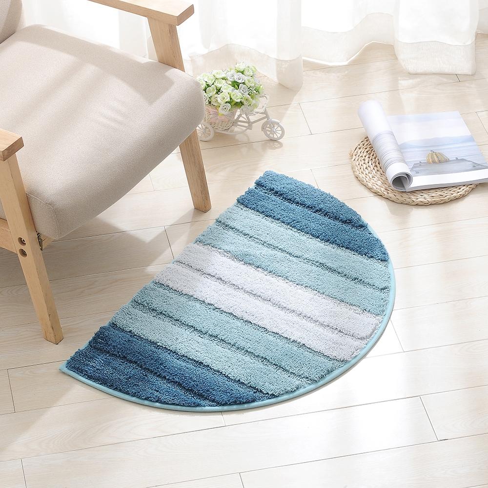 Stripe Pattern Non-Slip Microfiber Kitchen Floor Mat Semi Elliptical 50x80cm Absorbent Rug Light Blue
