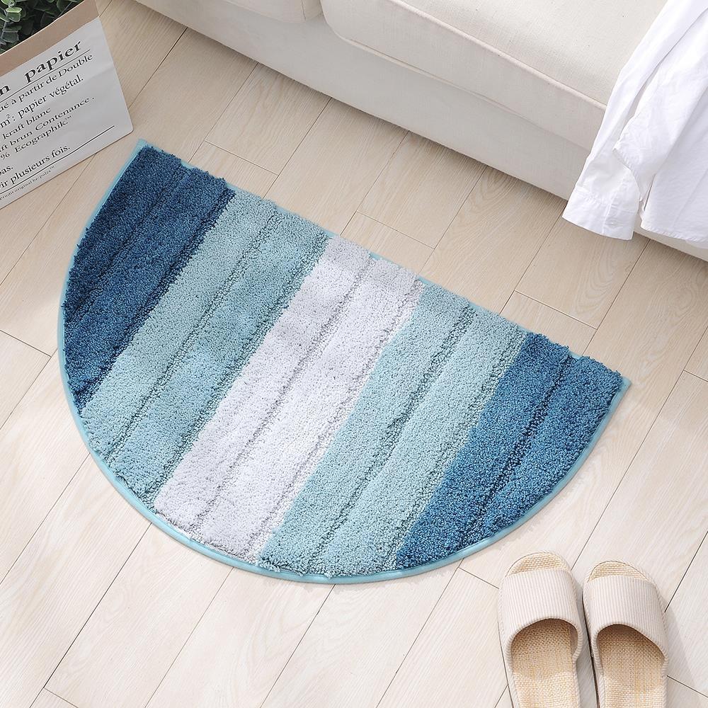 Stripe Pattern Non-Slip Microfiber Kitchen Floor Mat Semi Elliptical 50x80cm Absorbent Rug Light Blue