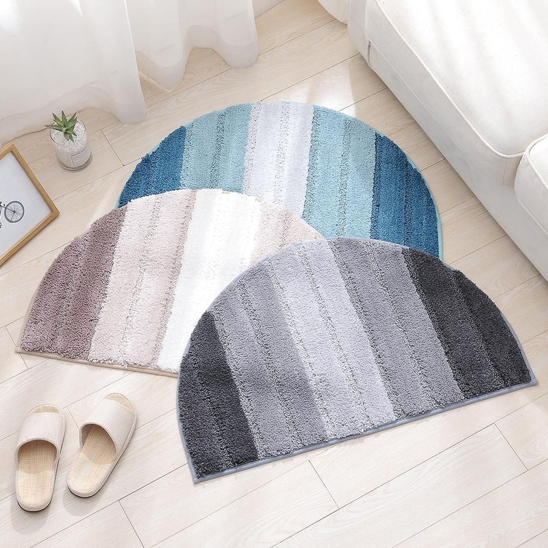Stripe Pattern Non-Slip Microfiber Kitchen Floor Mat Semi Elliptical 50x80cm Absorbent Rug Light Blue