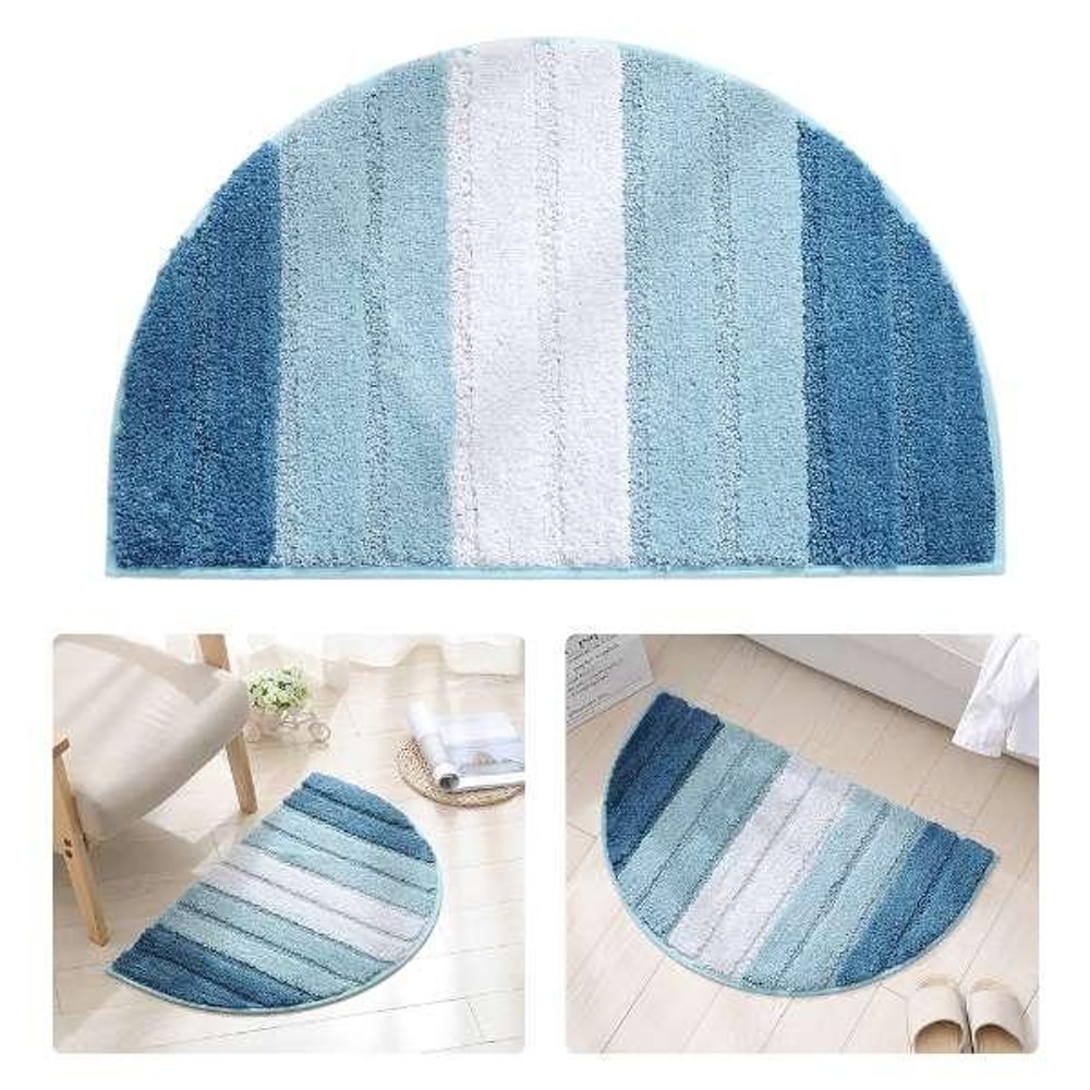 Stripe Pattern Non-Slip Microfiber Kitchen Floor Mat Semi Elliptical 50x80cm Absorbent Rug Light Blue