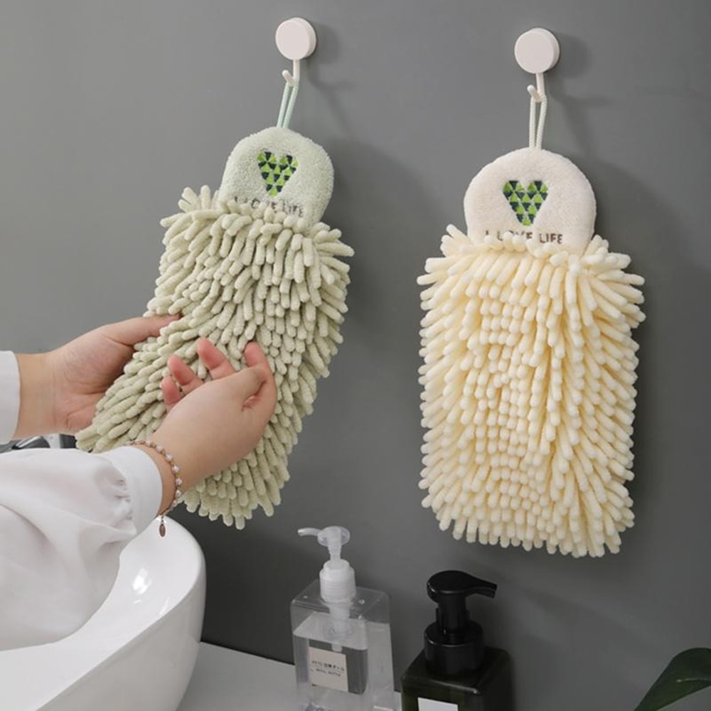 Cartoon Embroidered Quick Dry Hanging Kitchen Hand Towel Yellow Chenille Absorbent Kitchen Towel