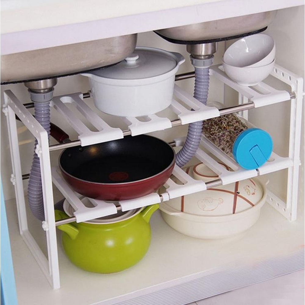 Adjustable Stainless Steel Sink Organizer Double Layer Telescopic Kitchen Storage Rack
