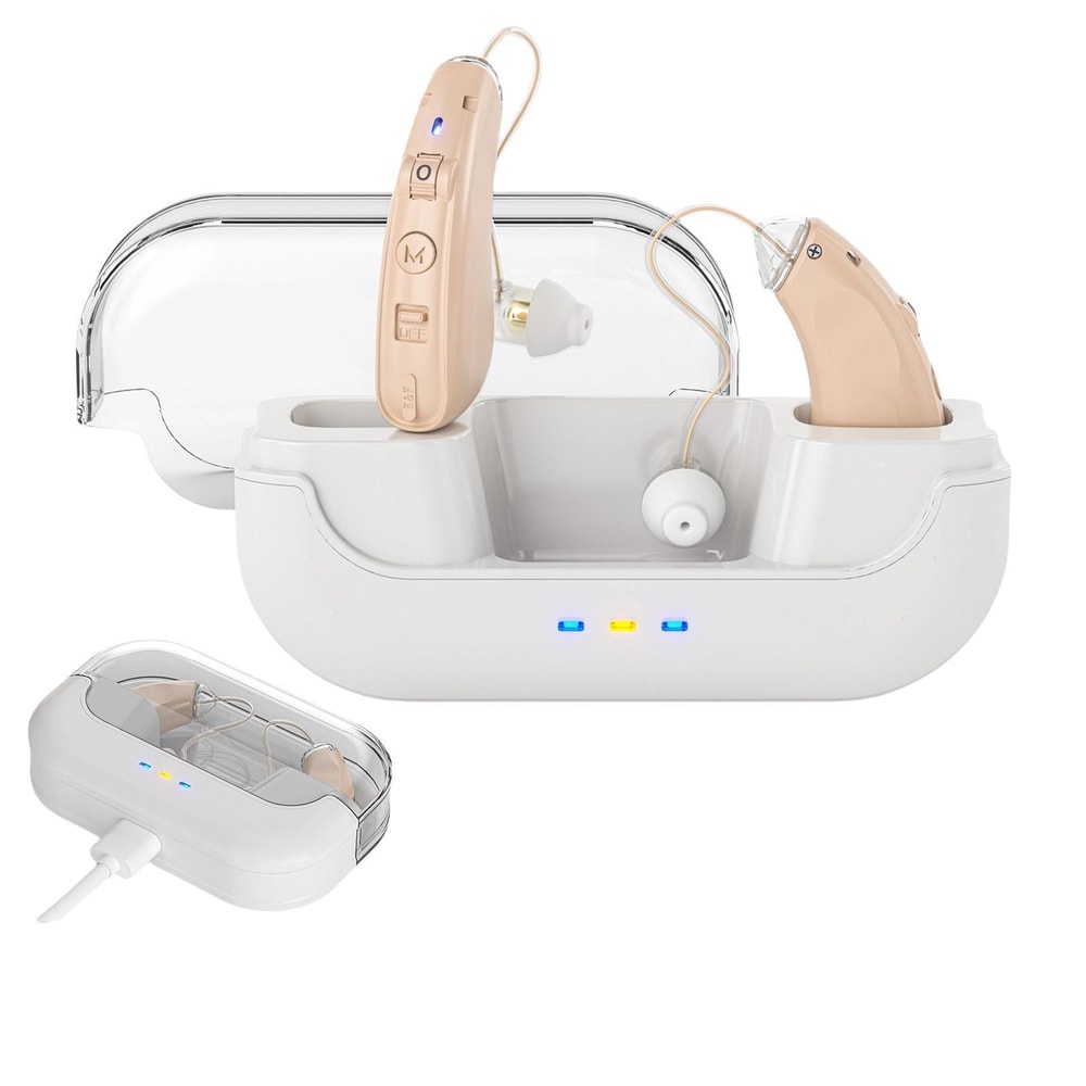 Smart BTE hearing aids with charging case noise cancelling rechargeable sound amplifier