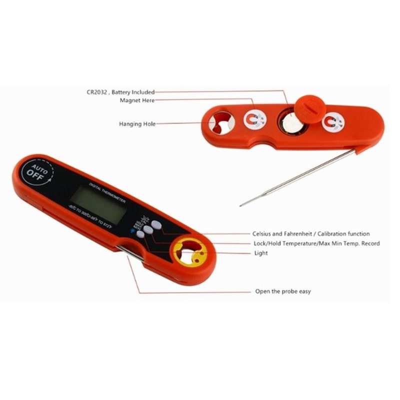 Foldable Waterproof Digital Food Thermometer with Fast Instant Read Probe for Cooking, BBQ & Kitchen Use