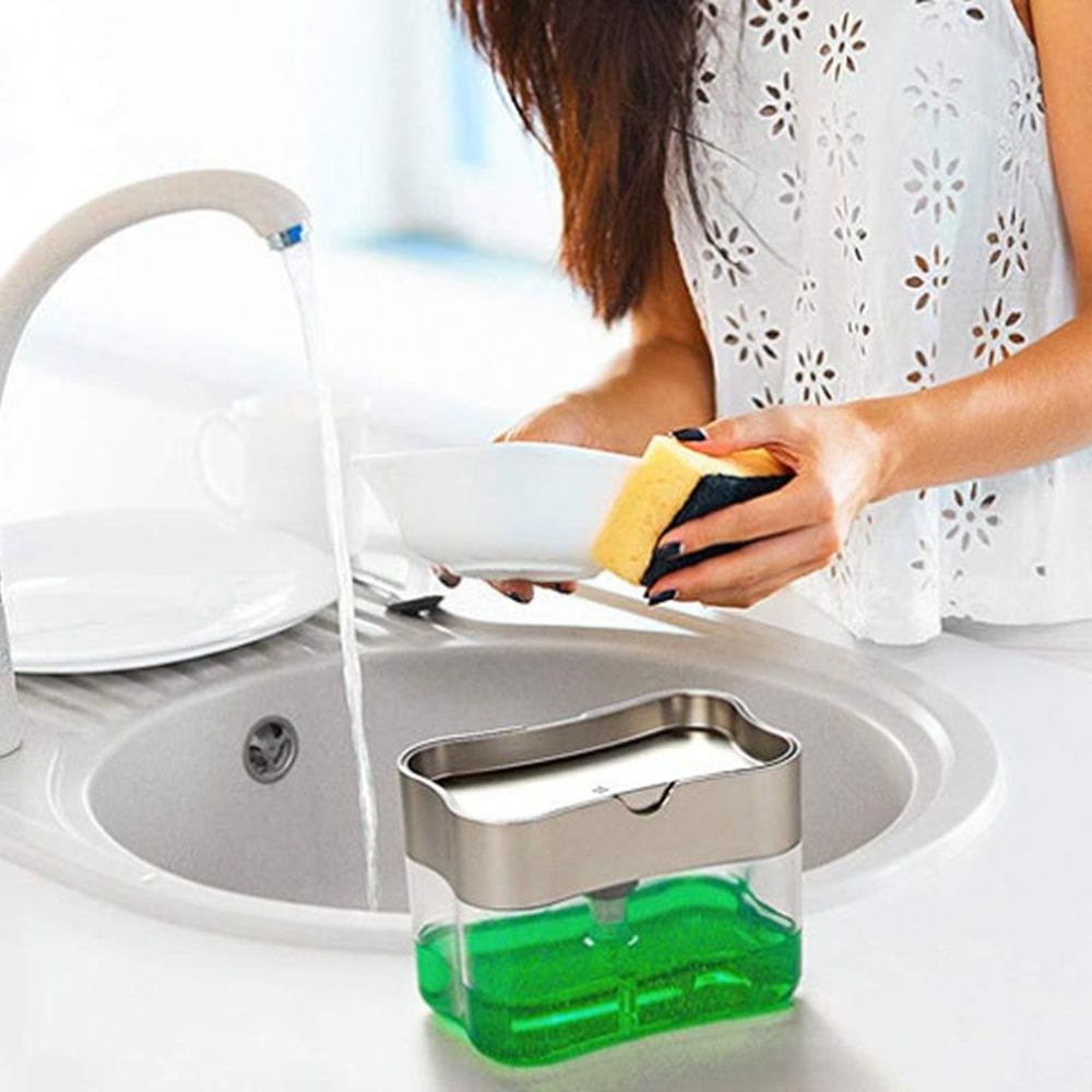 Kitchen Dish Soap Dispenser with Sponge Pump, Soap Scrubber & Liquid Detergent Organizer