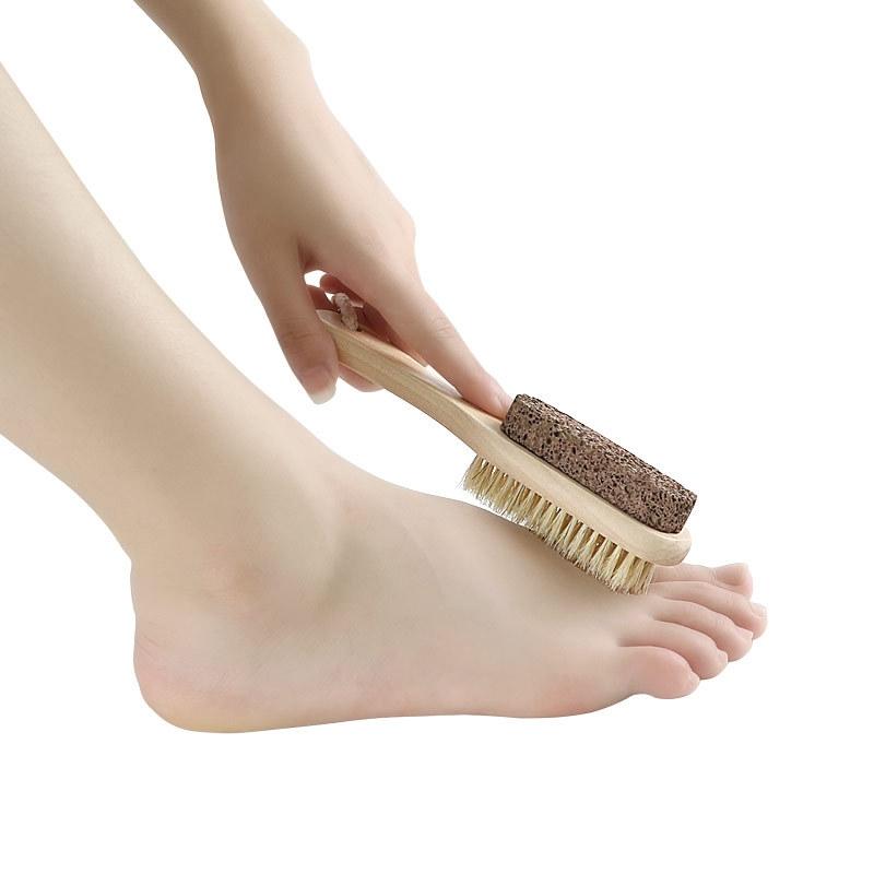 Wooden Foot Scrubber with Pumice Stone and Bristle Brush