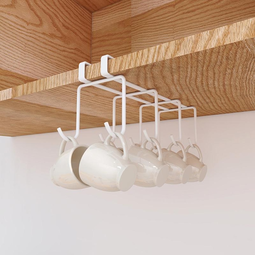 Nail-Free Under Cabinet Cup Holder Rack with 8 Hooks Kitchen Mug Storage Organizer Metal Partition Rack