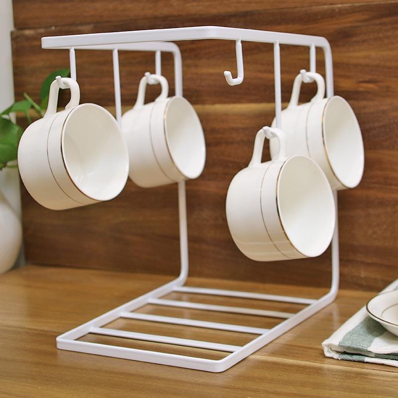 Nail-Free Under Cabinet Cup Holder Rack with 8 Hooks Kitchen Mug Storage Organizer Metal Partition Rack