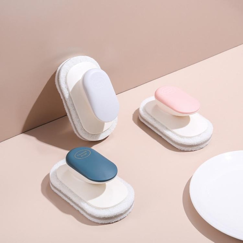 Multi-Function Sponge Dish Brush with Handle Kitchen Bathroom Cleaning Tool Non-Scratch Scouring Pad