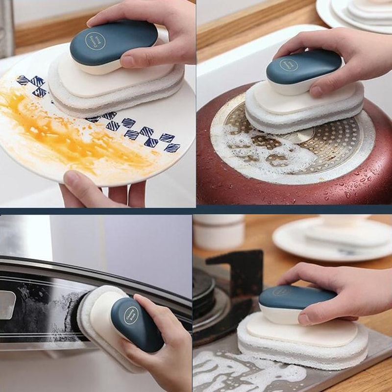 Multi-Function Sponge Dish Brush with Handle Kitchen Bathroom Cleaning Tool Non-Scratch Scouring Pad