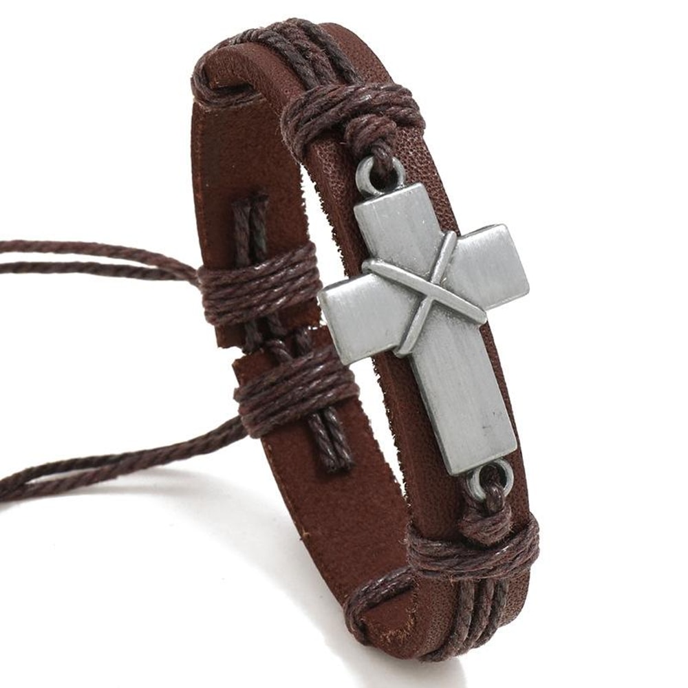 Personalized Cross Leather Bracelet Adjustable Braided Wristband Gift