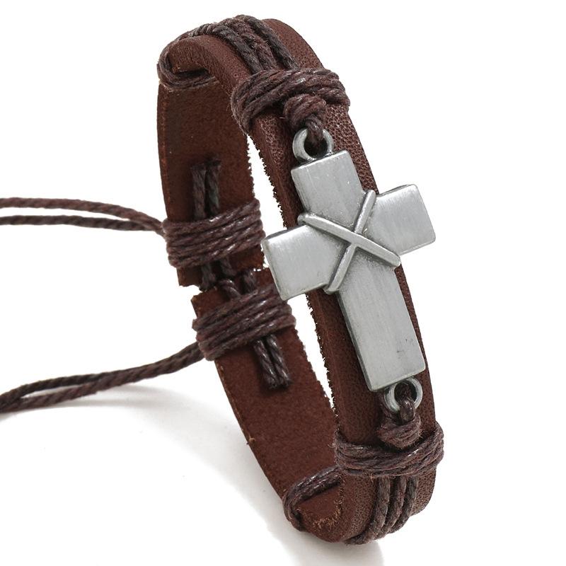 Personalized Cross Leather Bracelet Adjustable Braided Wristband Gift