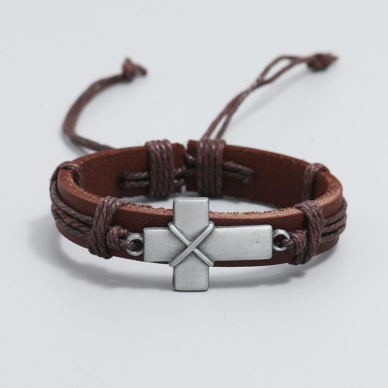 Personalized Cross Leather Bracelet Adjustable Braided Wristband Gift