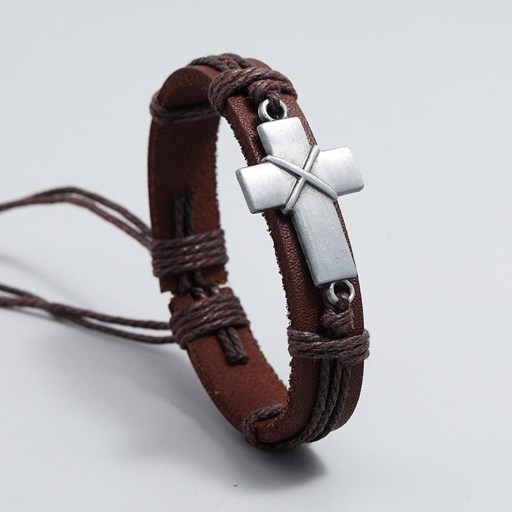 Personalized Cross Leather Bracelet Adjustable Braided Wristband Gift