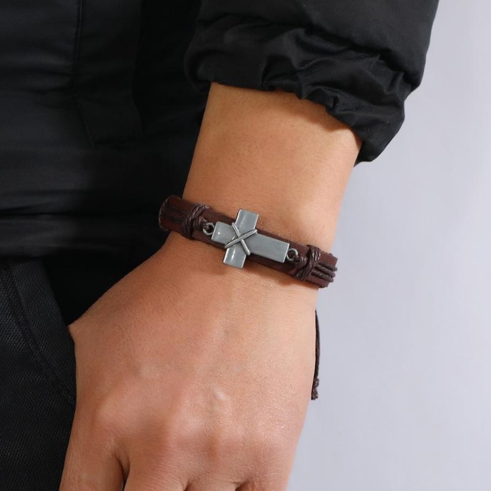 Personalized Cross Leather Bracelet Adjustable Braided Wristband Gift