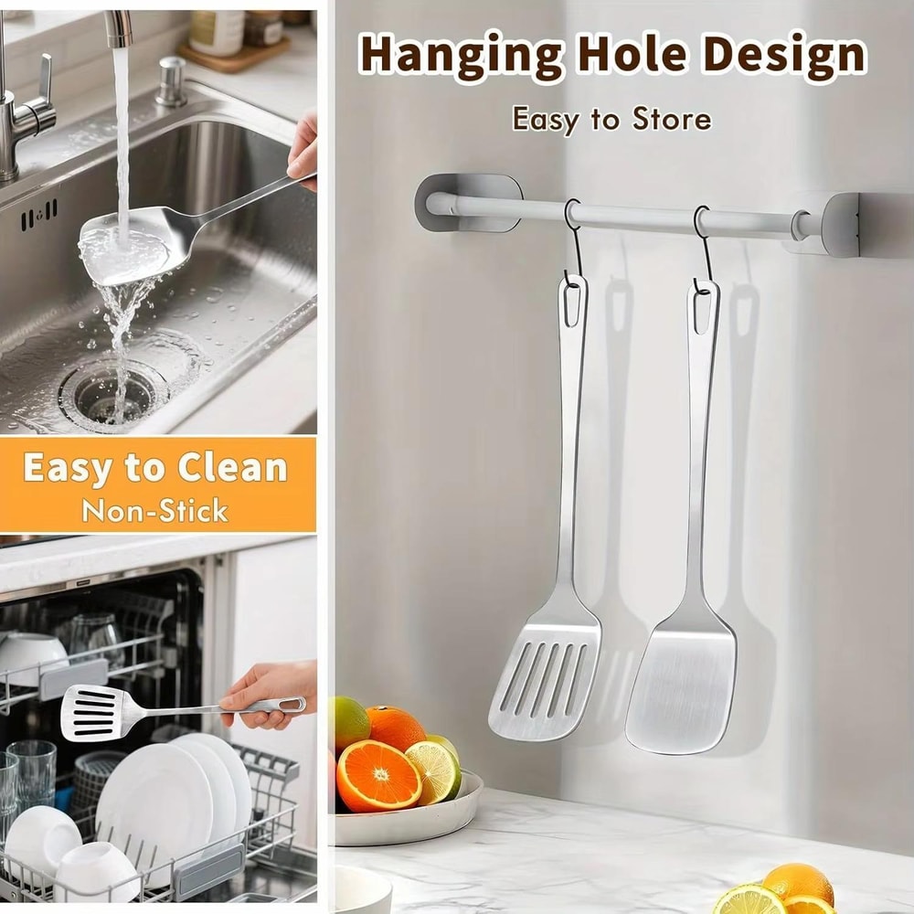 Stainless Steel Slotted and Solid Kitchen Spatula Set, Heat Resistant Cooking Turner for Everyday Kitchen Use