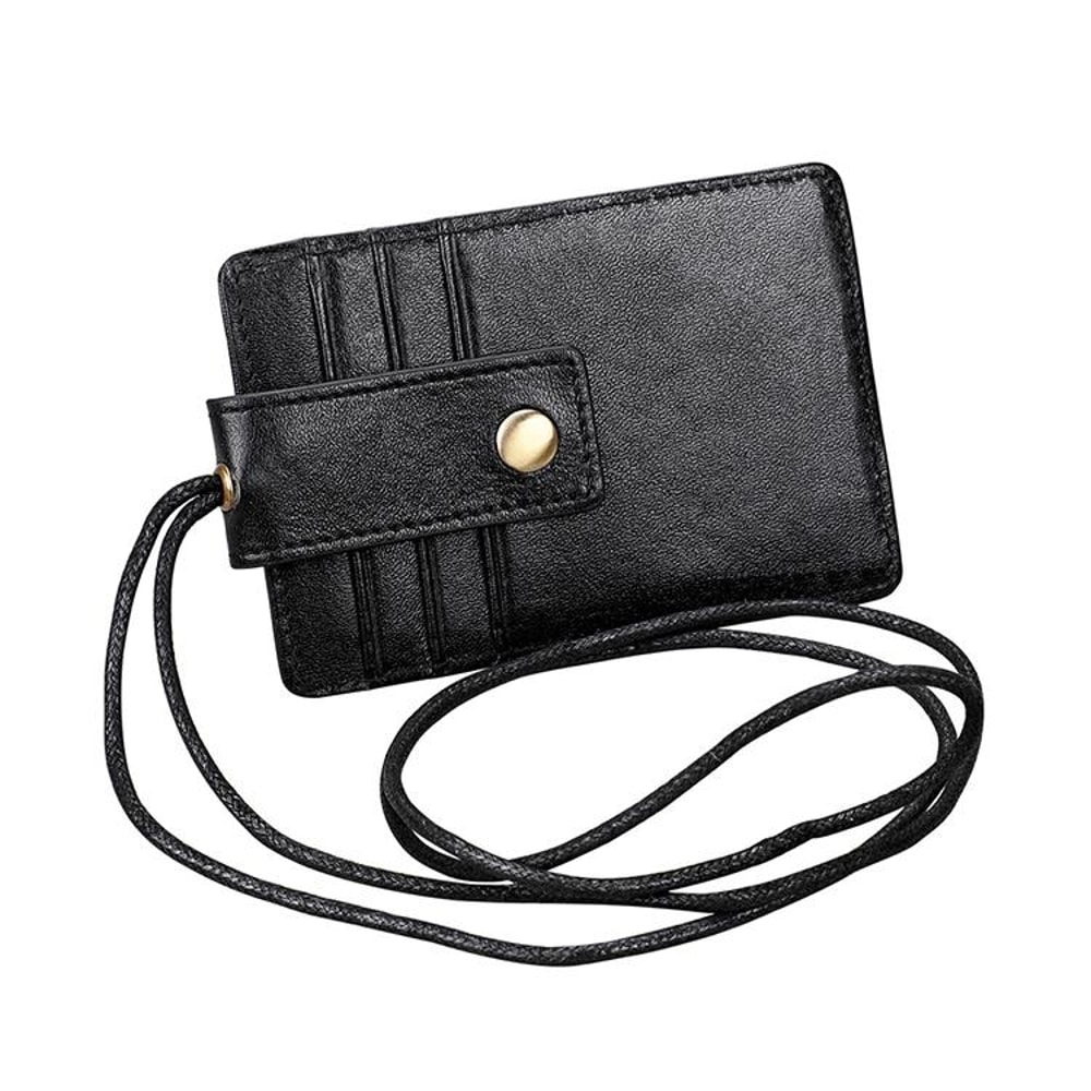 Premium RFID Blocking Leather ID Badge Holder With Lanyard Slim Card Wallet 1