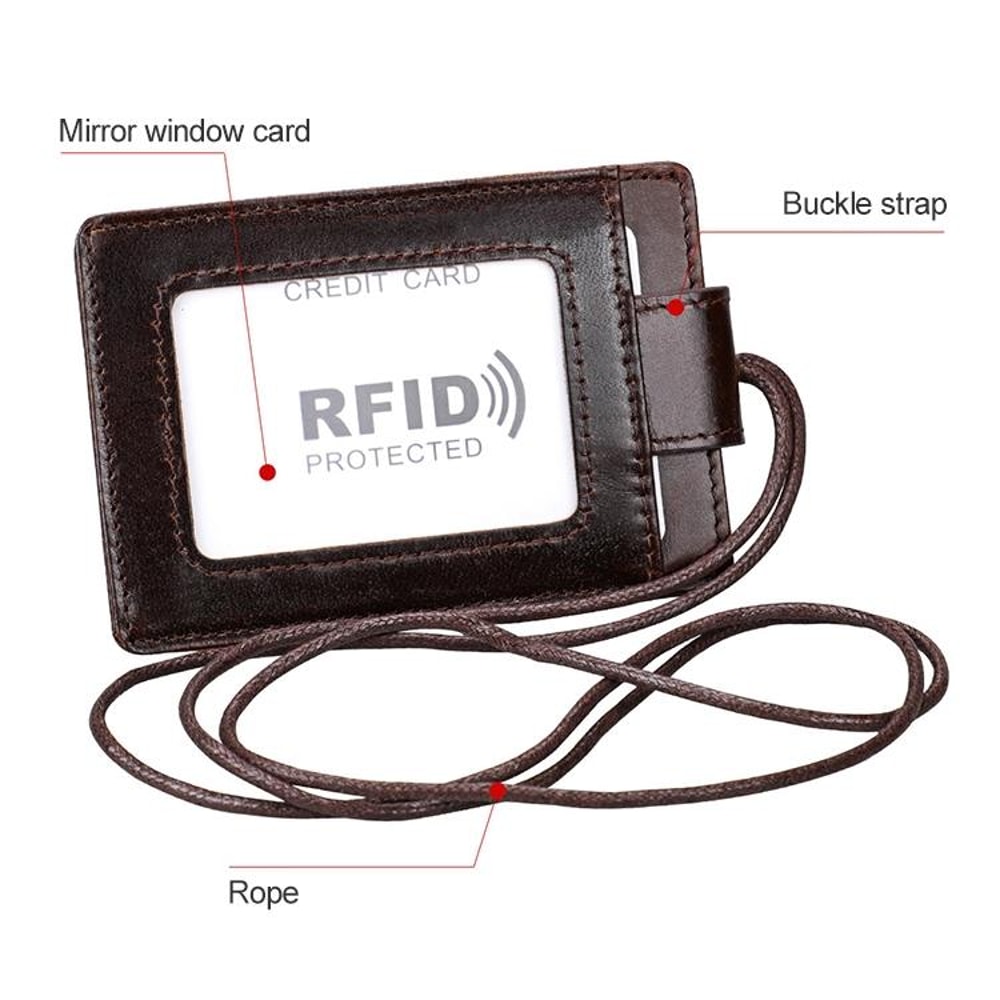 Premium RFID Blocking Leather ID Badge Holder With Lanyard Slim Card Wallet 3