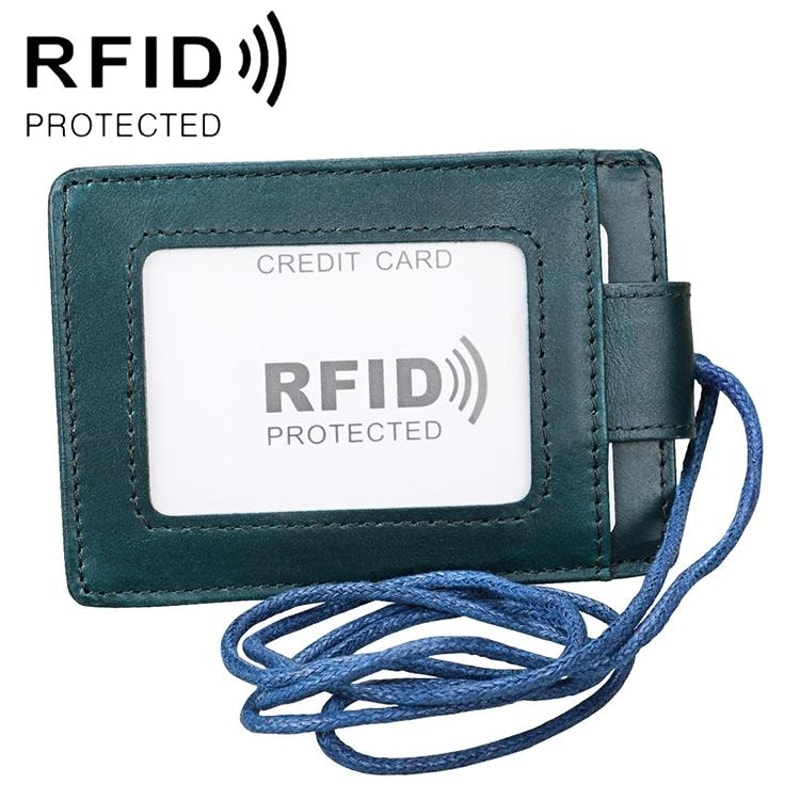 Premium RFID Blocking Leather ID Badge Holder with Lanyard Slim Card Wallet