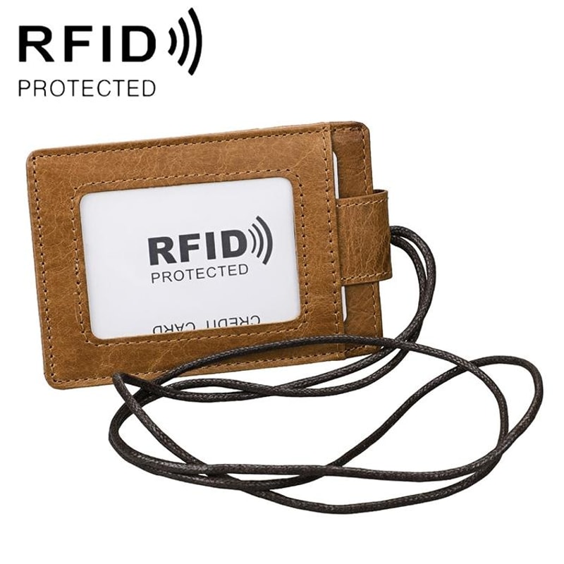 Premium RFID Blocking Leather ID Badge Holder with Lanyard Slim Card Wallet