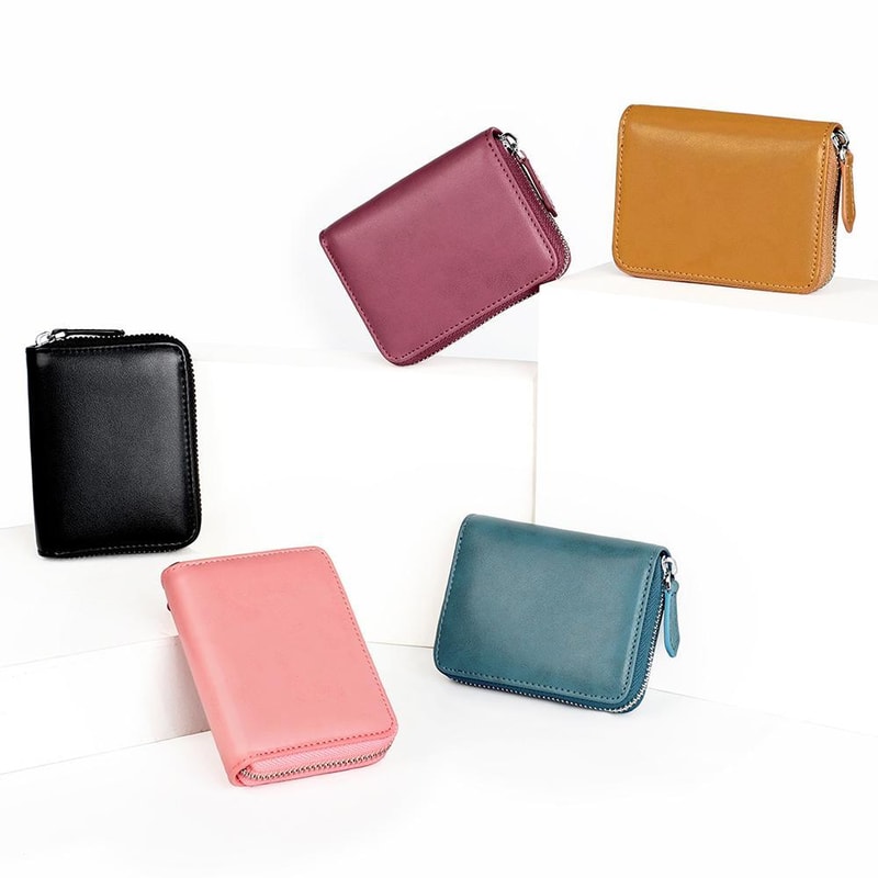 RFID Blocking Leather Zipper Wallet Organizer Compact Card Holder With Coin Storage 9