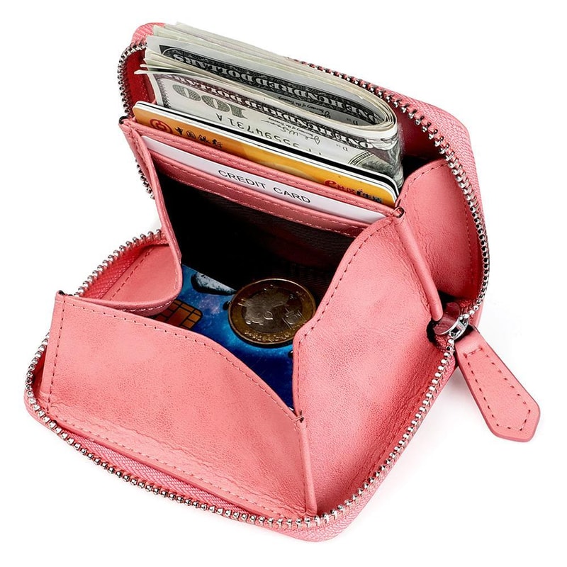 RFID Blocking Leather Zipper Wallet Organizer Compact Card Holder With Coin Storage 0
