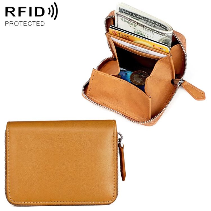 RFID Blocking Leather Zipper Wallet Organizer Compact Card Holder With Coin Storage 12