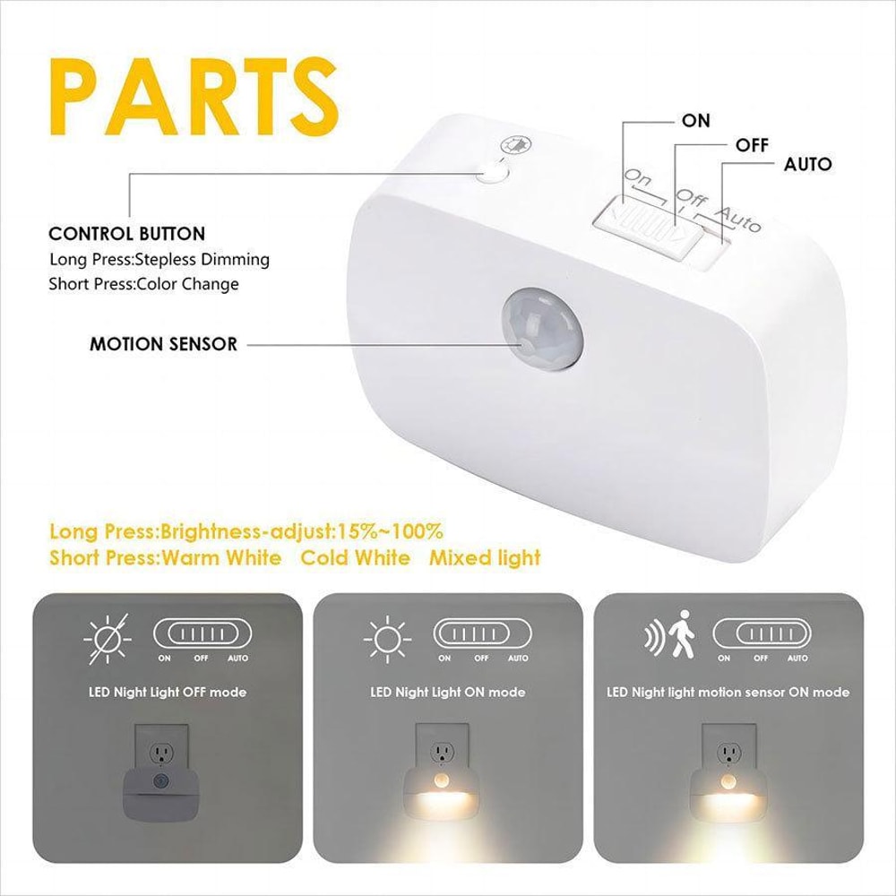 Smart Motion Sensor Night Light Plugin With 3 Color Modes Dimmable LED For Hallway Bedroom 7