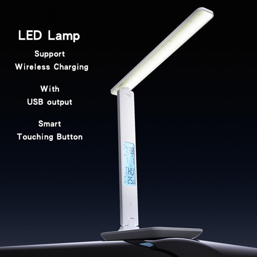 LED Desk Lamp with Wireless Charging, Clock Display & Adjustable Brightness