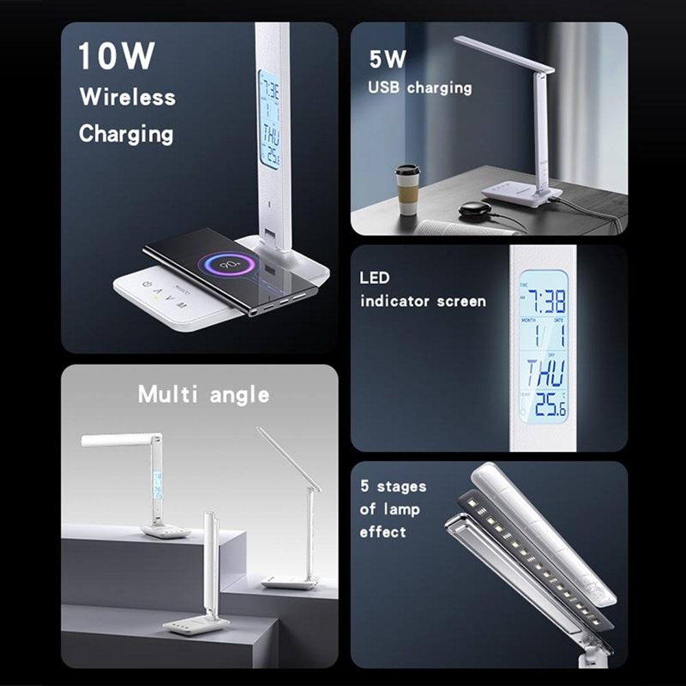 LED Desk Lamp with Wireless Charging, Clock Display & Adjustable Brightness