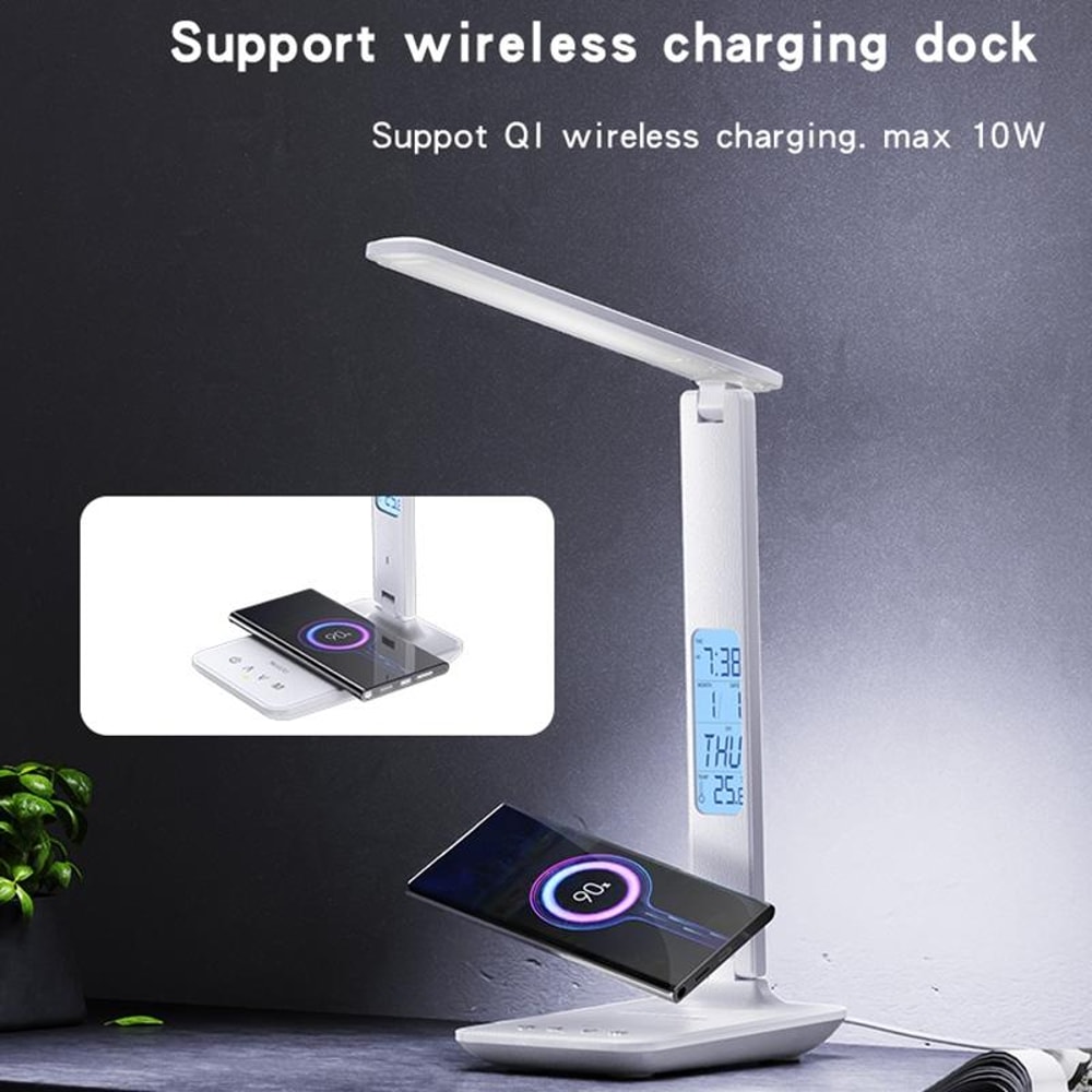 LED Desk Lamp with Wireless Charging, Clock Display & Adjustable Brightness
