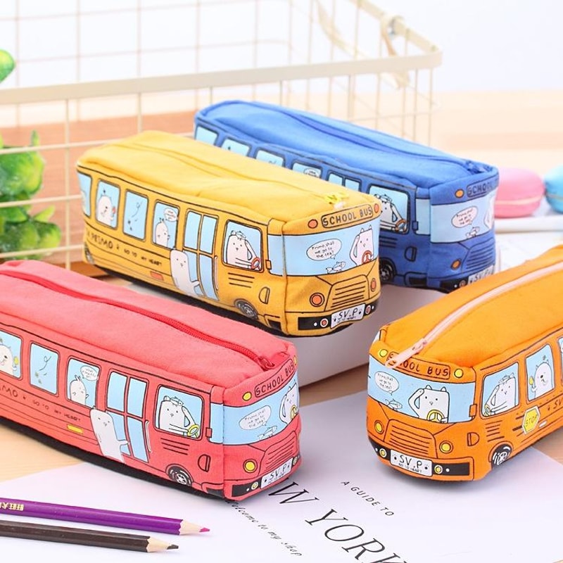 Cartoon Bus Canvas Pencil Case Large Capacity School Organizer For Kids 1