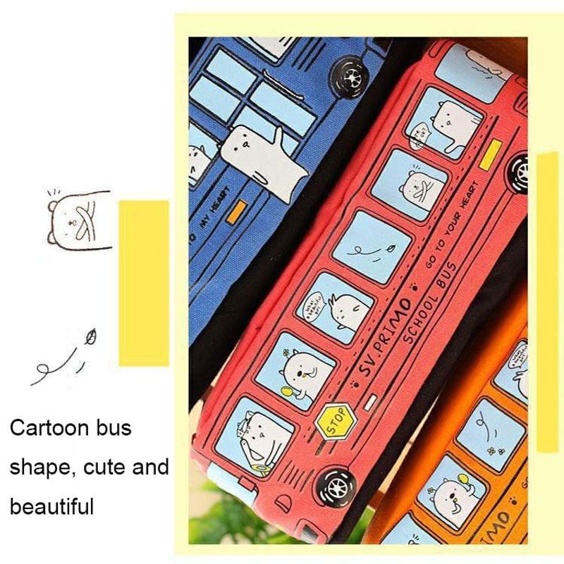 Cartoon Bus Canvas Pencil Case Large Capacity School Organizer For Kids 3