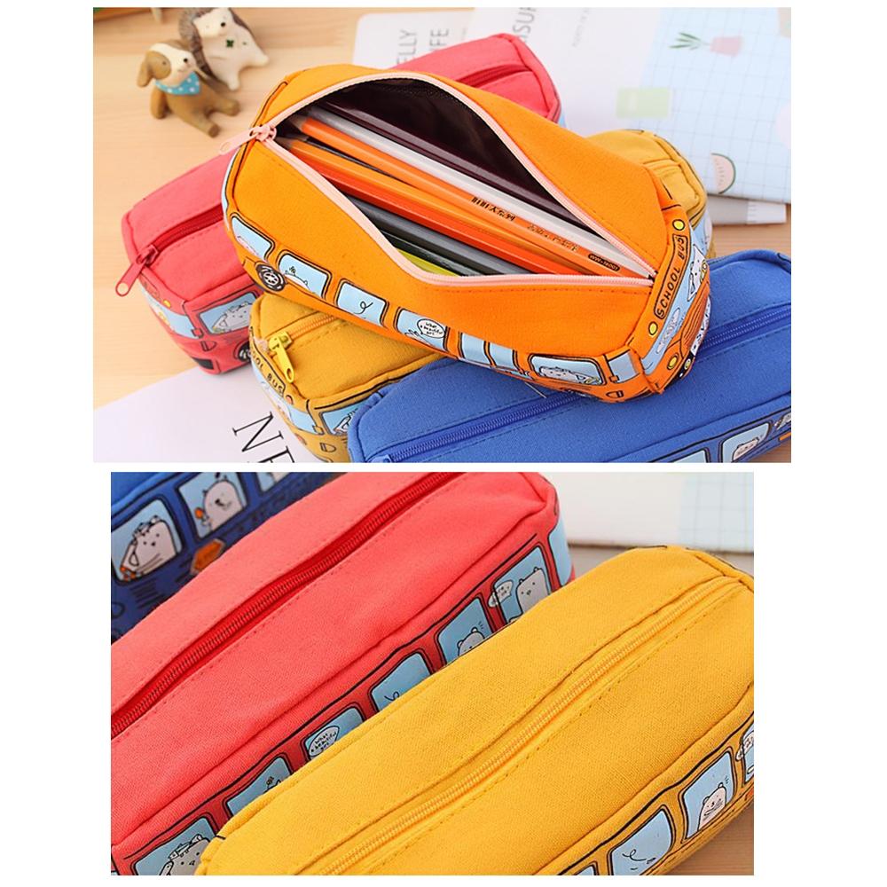 Cartoon Bus Canvas Pencil Case Large Capacity School Organizer For Kids 4