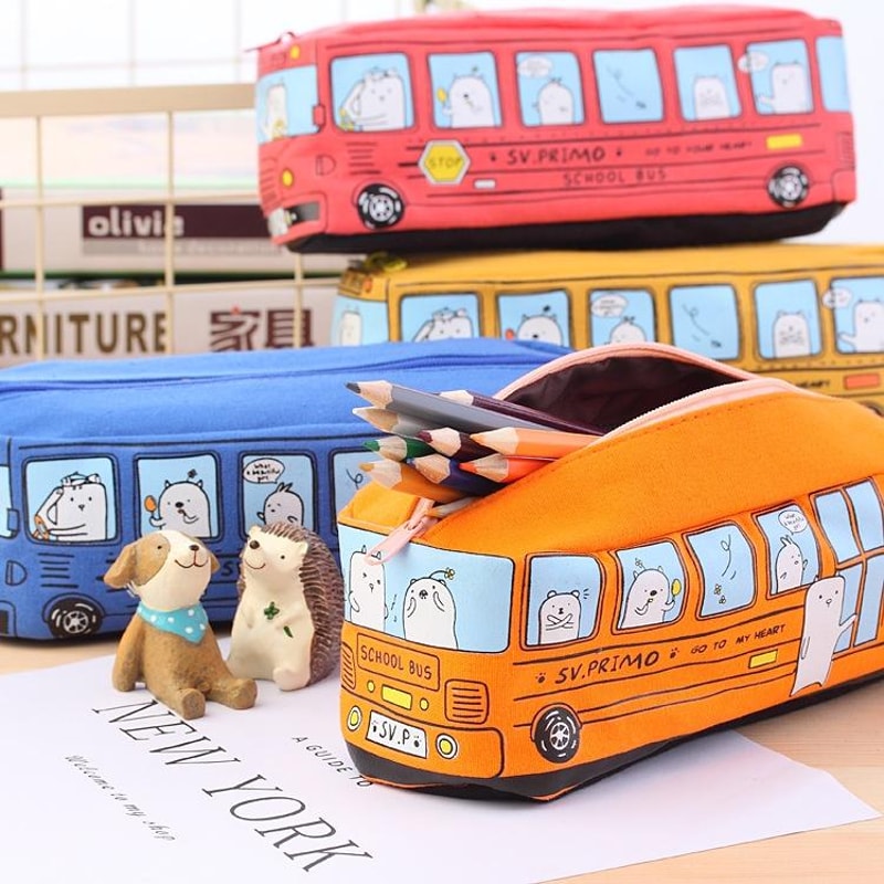 Cartoon Bus Canvas Pencil Case Large Capacity School Organizer For Kids 6