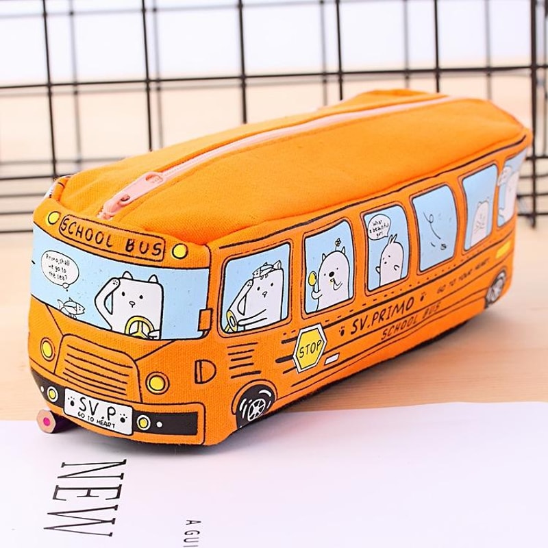 Cartoon Bus Canvas Pencil Case Large Capacity School Organizer For Kids 7