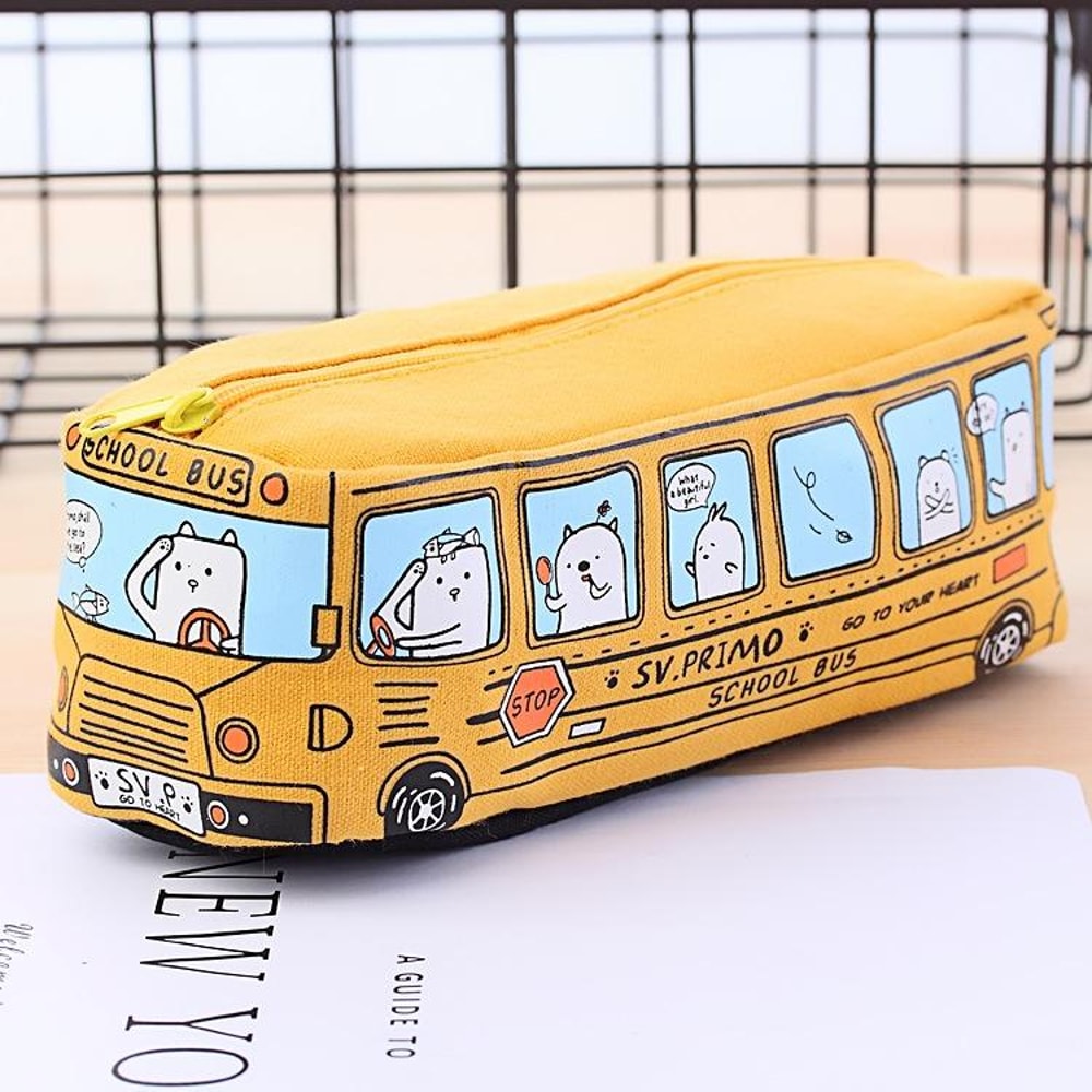 Cartoon Bus Canvas Pencil Case Large Capacity School Organizer For Kids 8